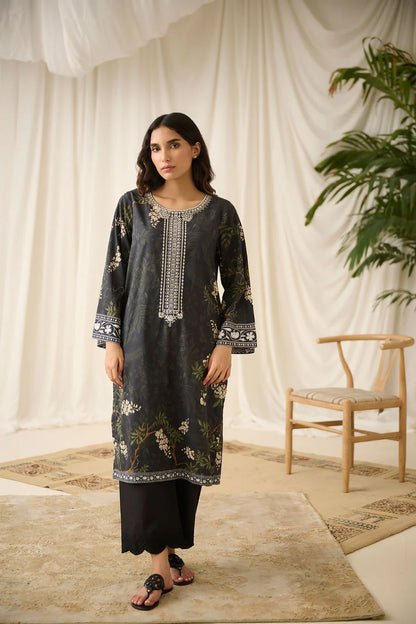 Black Printed Embroidered Kurta