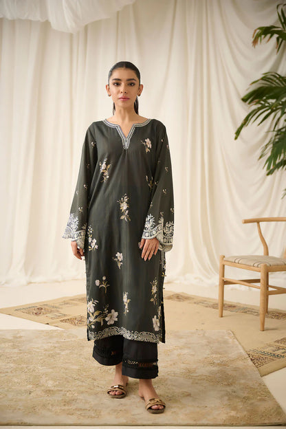 Black Printed Embroidered Kurta